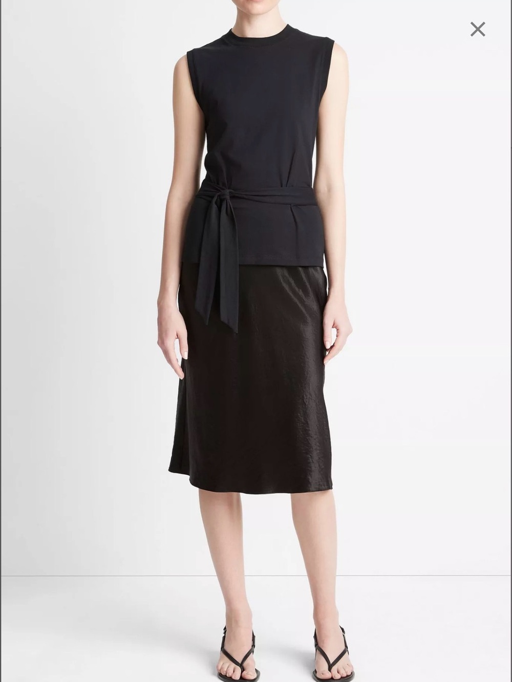 Sleeveless Tie-Waist Top with Black Satin Midi Skirt